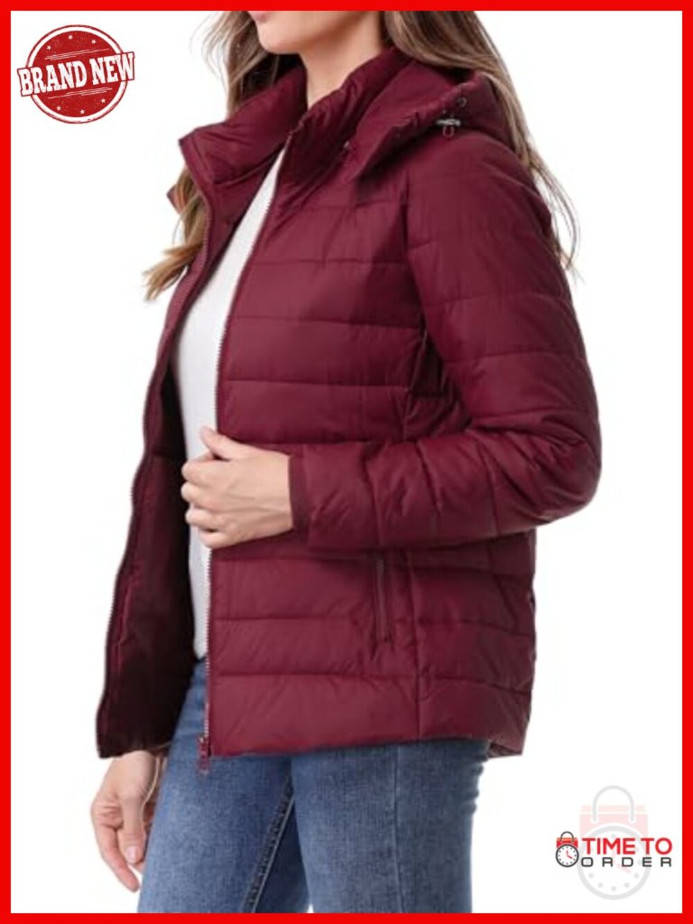 Women's Waterproof Puffer Jacket with Detachable Hood - Insulated Quilted - Picture 5 of 6